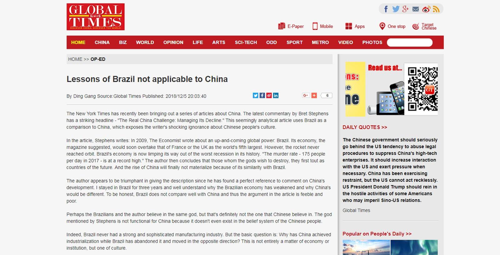 Brasileiro não está disposto a trabalhar como os chineses, diz jornal do país asiático