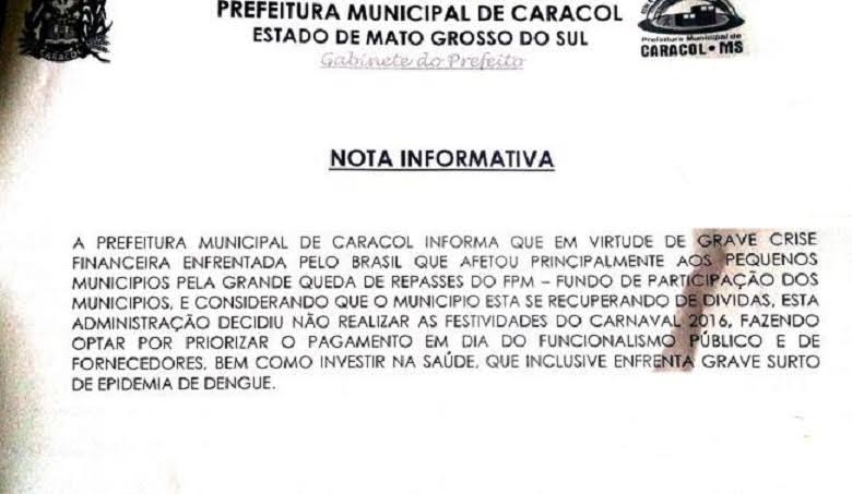 Prefeitura de Caracol anuncia que este ano não haverá carnaval de rua