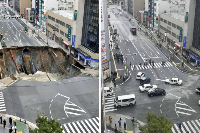 Japão conserta cratera na rua em dois dias