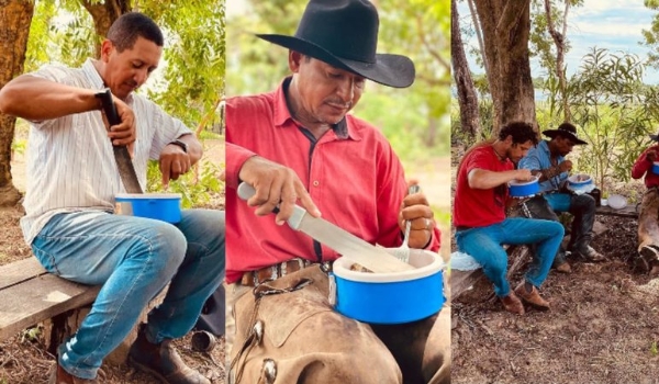 Pantaneiros de raiz comem comida com facão na frente de atores da Globo em MS: 'admiração'