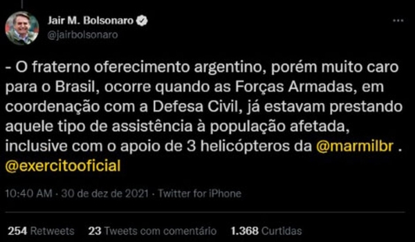 Bolsonaro diz que ajuda argentina para a Bahia não era 'necessária', mas não a descarta para o futuro