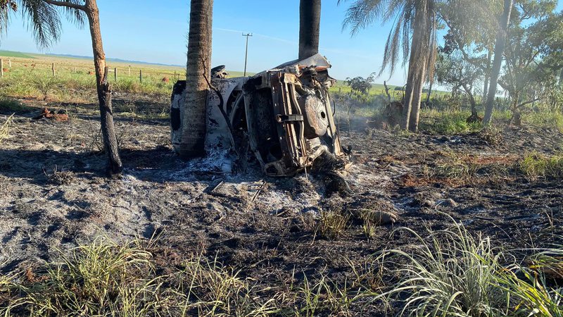 Dois corpos carbonizados são retirados de carro que bateu em coqueiro em rodovia de MS
