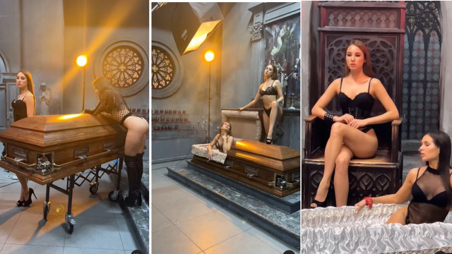 Funerária russa faz campanha com modelos de lingerie posando ao lado de caixões