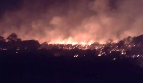 Incêndio se aproxima do Rio Miranda e bombeiros utilizam barco em combate