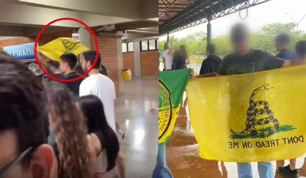 Acadêmicos de universidade fazem protesto com bandeira ligada à grupos de extrema-direita