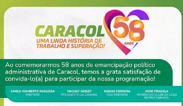 Município divulga programação para o aniversário de 58 anos de Caracol