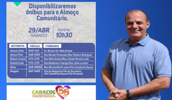 Prefeitura de Caracol disponibilizará transporte gratuito para o almoço comunitário