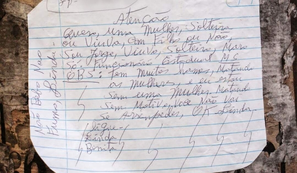 Bilhete em busca de solteira ou viúva promete 