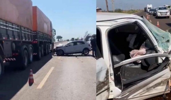 Motorista dorme, bate em caminhão e passageiro é socorrido em estado grave