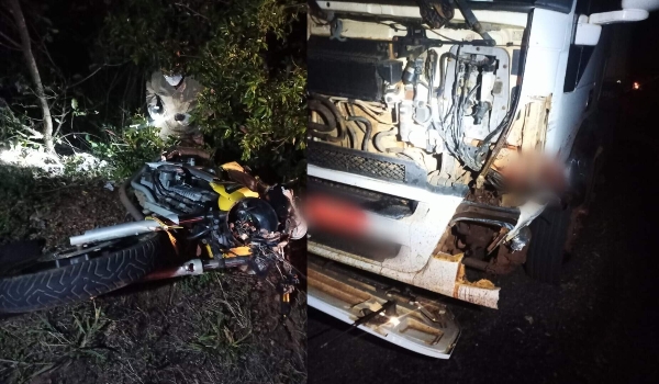 Retornando do trabalho para casa, motociclista colide em carreta e morre