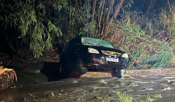 Chuva forte arrasta carro, derruba árvores e alaga avenidas