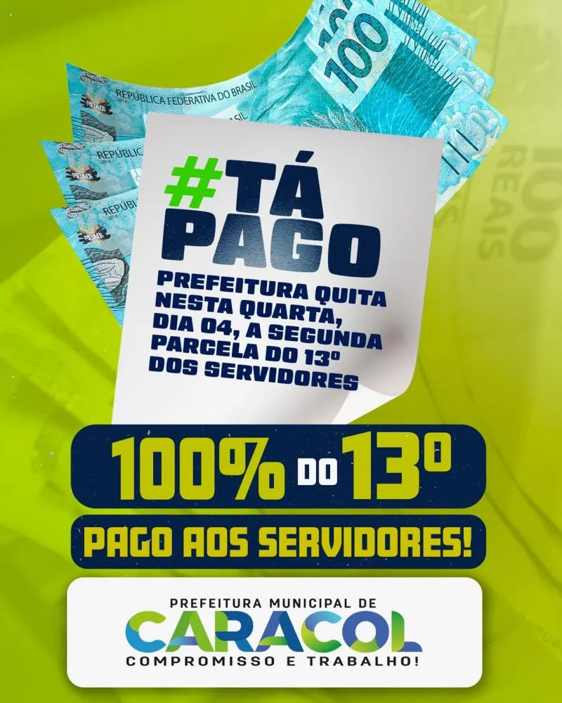 Prefeitura de Caracol quita 100% do 13º Salário dos servidores públicos municipais