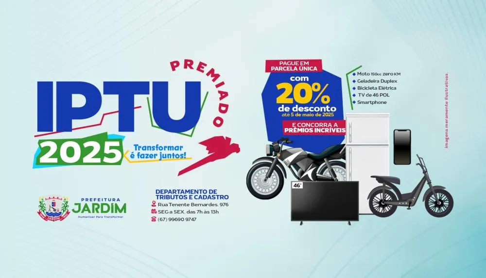 Prefeitura de Jardim sorteará moto 0 km e prêmios para quem quitar IPTU 2025 à vista