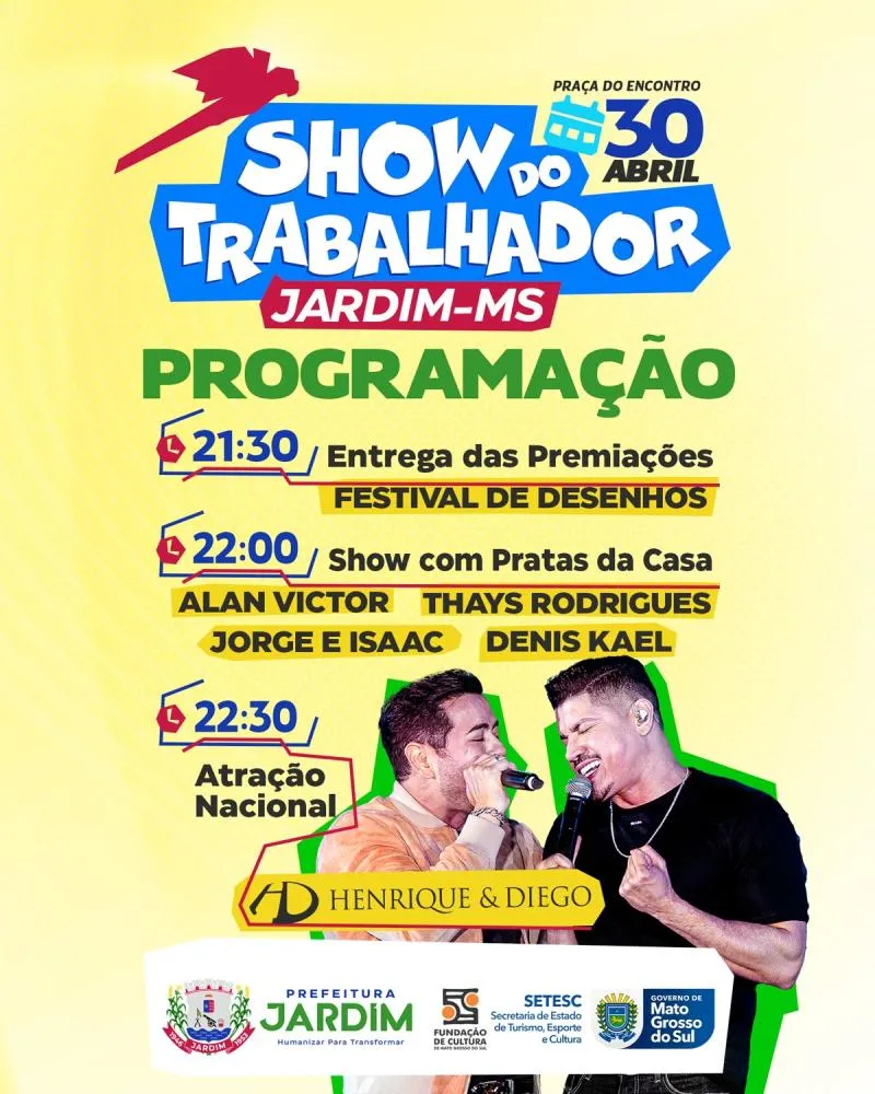 Prefeitura de Jardim divulga programação especial para o Show do Trabalhador