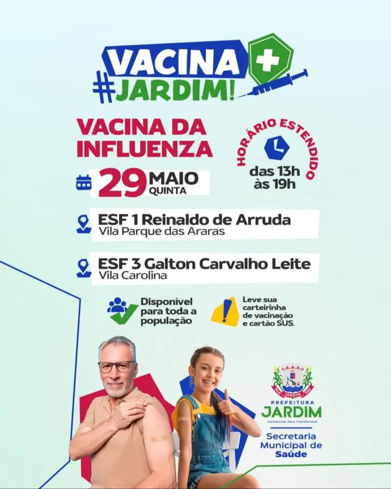 Vacinação contra a gripe com horário estendido nesta quinta em Jardim