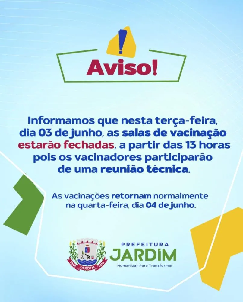 Salas de vacinação fecham mais cedo nesta terça-feira (03) em Jardim