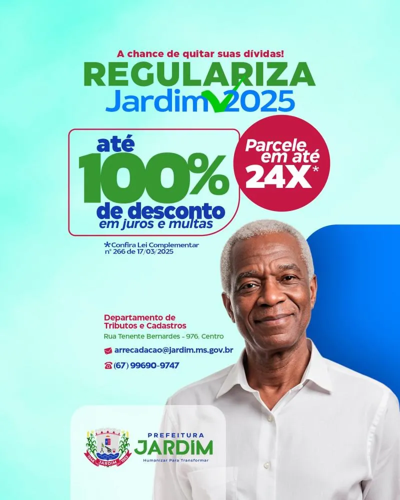 Prefeitura de Jardim lança programa para quitar dívidas com até 100% de desconto em juros e multas