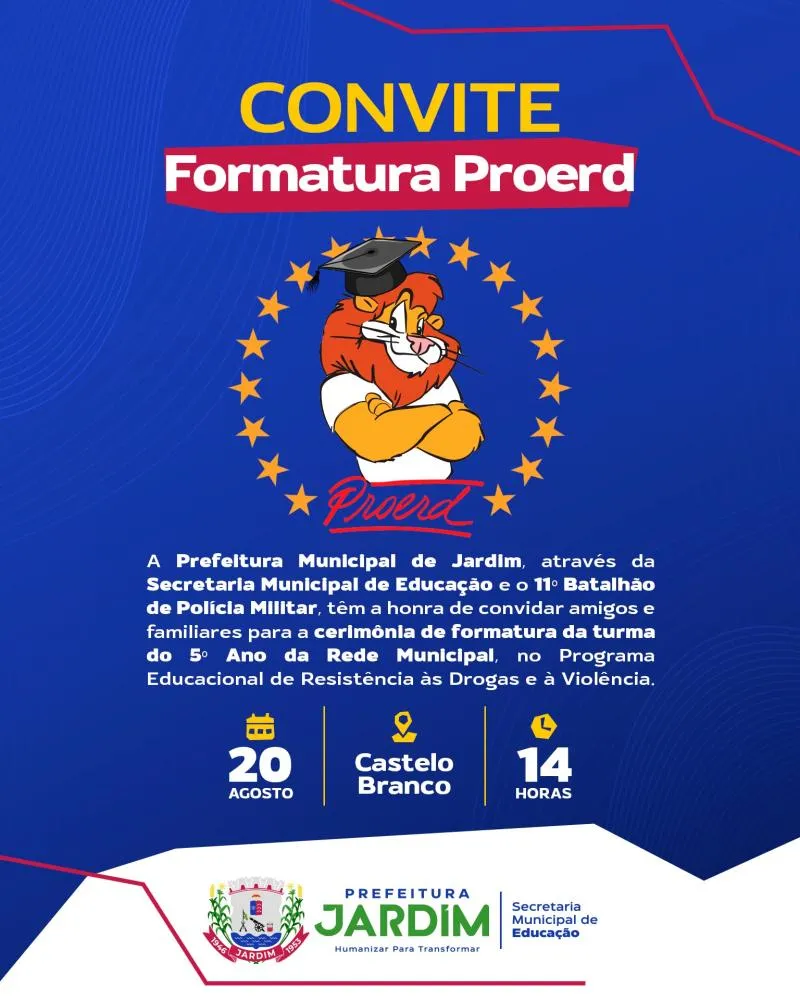 Prefeitura de Jardim convida a comunidade para a formatura do PROERD 