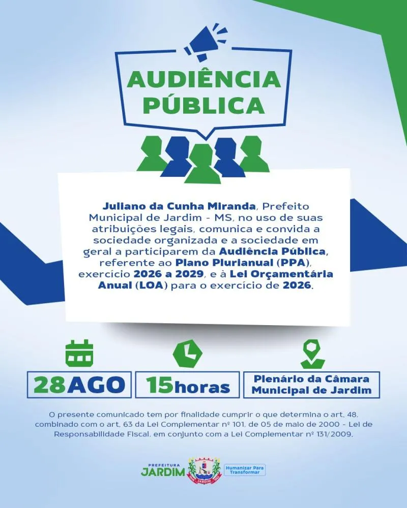 Jardim convoca população para audiência pública sobre PPA e LOA