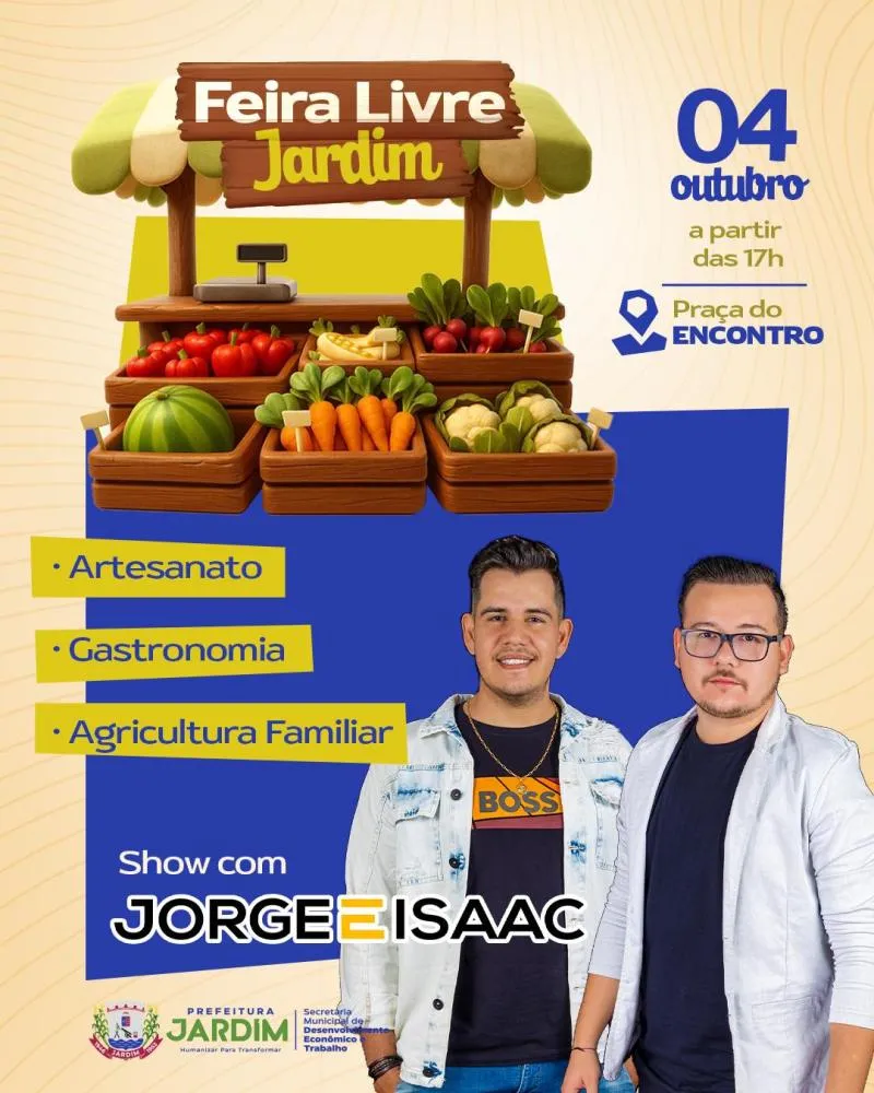 Feira Livre de Jardim acontece neste sábado com artesanato, gastronomia e show musical