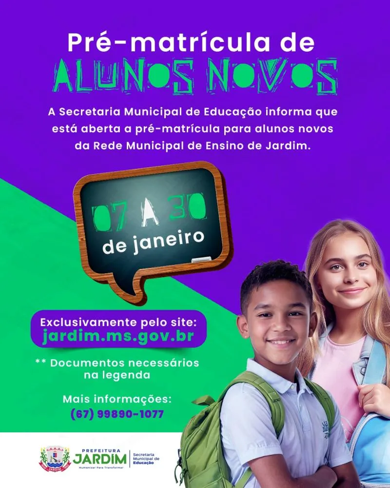 Prefeitura de Jardim abre pré-matrículas para novos alunos da Rede Municipal de Ensino