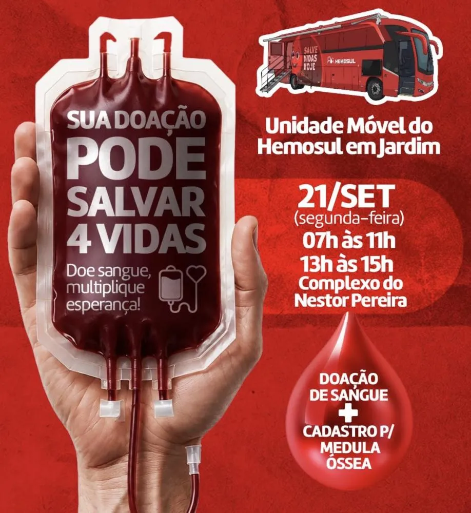 Unidade Móvel do Hemosul fará campanha de doação de sangue em Jardim
